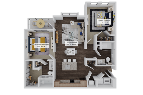 Floor plan for 2 beds, 2 baths, 1075 sqft